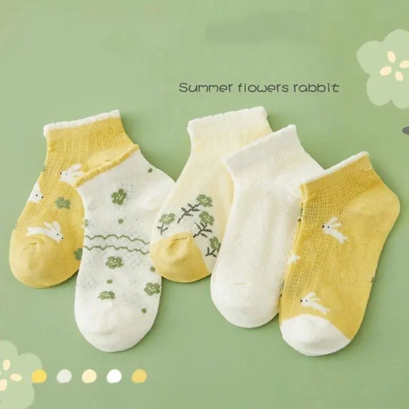 Kids Socks : 5 Pairs Cotton Girls Socks Spring, Summer Flowers Pattern