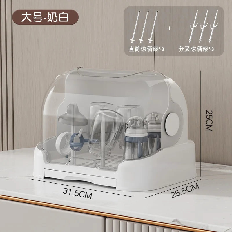 Baby Bottle Drying Rack & Organizer | Dustproof Hygienic Bottle Storage with Drip Tray