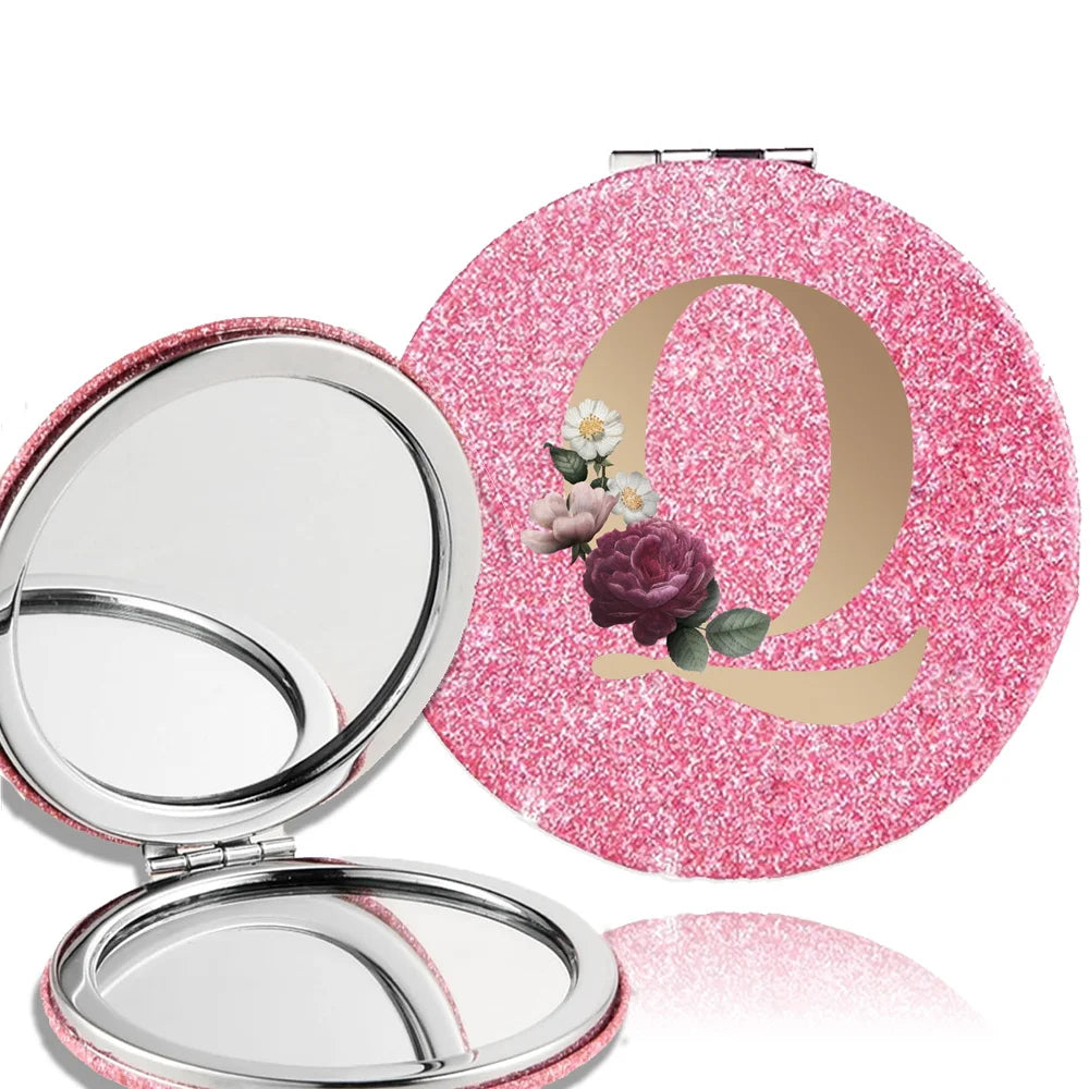 Portable Folding Shiny Double-Sided Makeup Mirror Leather Cosmetic Mirror Pocket Magnifying Hand Gold Letter Pattern Beauty Tool