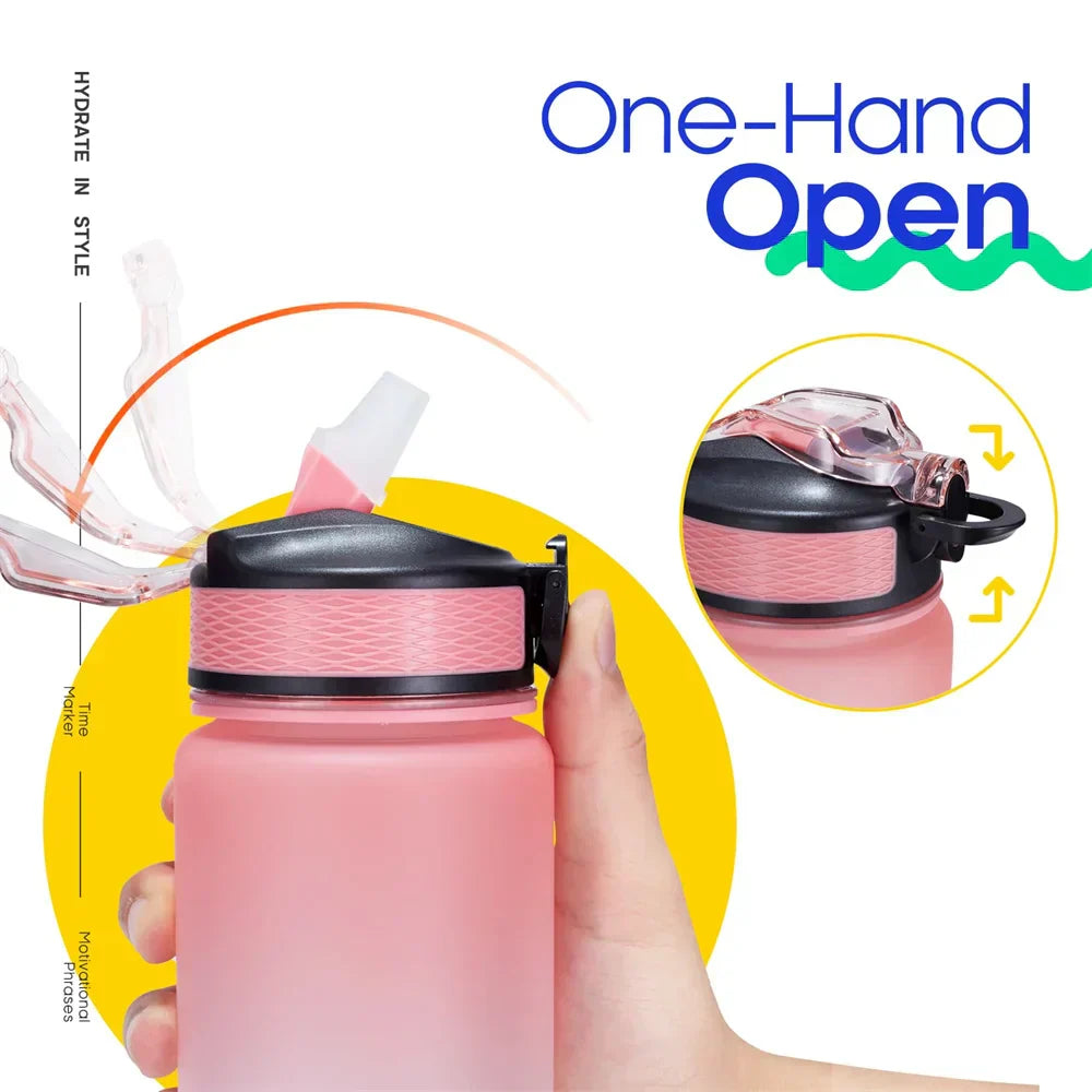Motivational Water Bottle with Time Marker Straw for Fitness Hydration