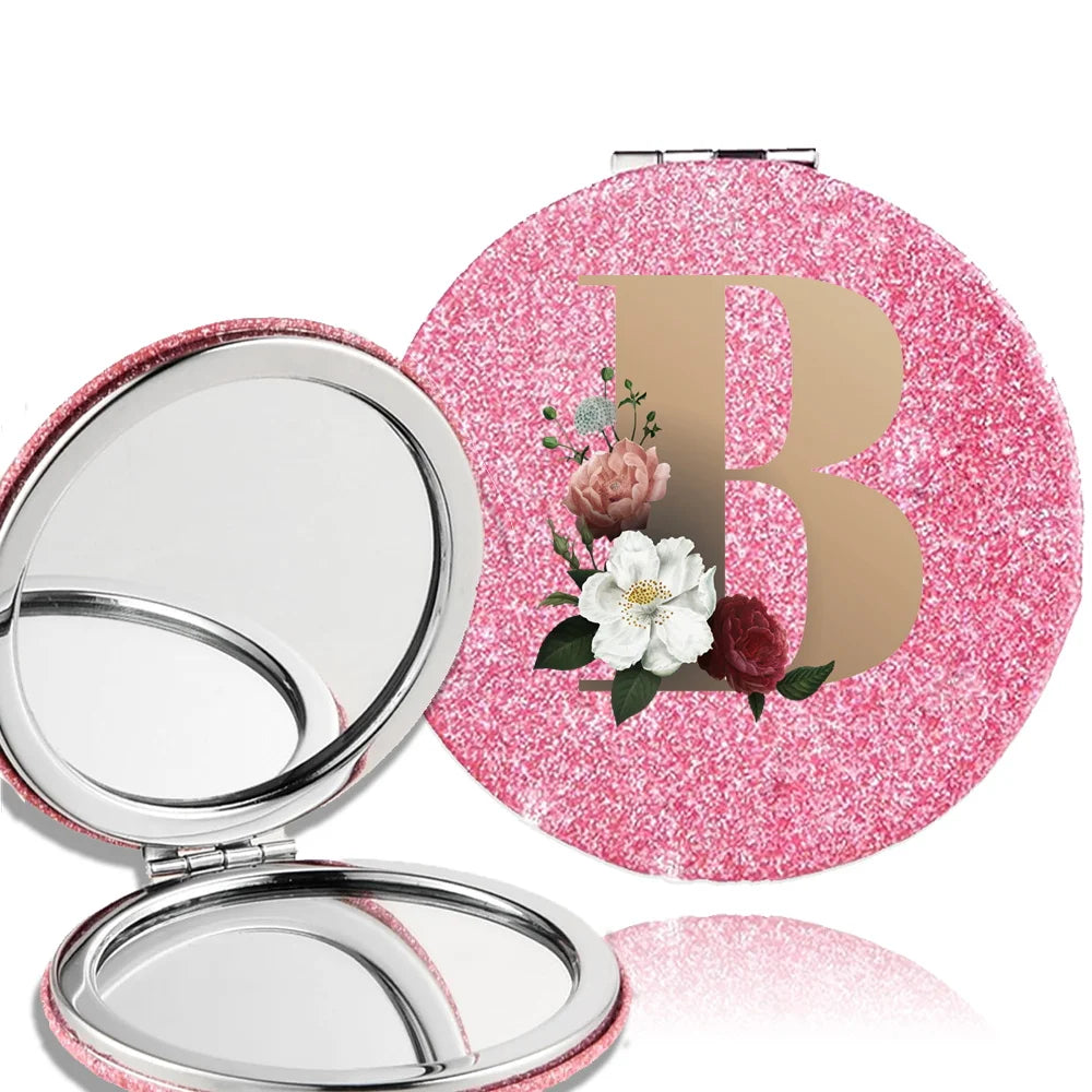 Portable Folding Shiny Double-Sided Makeup Mirror Leather Cosmetic Mirror Pocket Magnifying Hand Gold Letter Pattern Beauty Tool