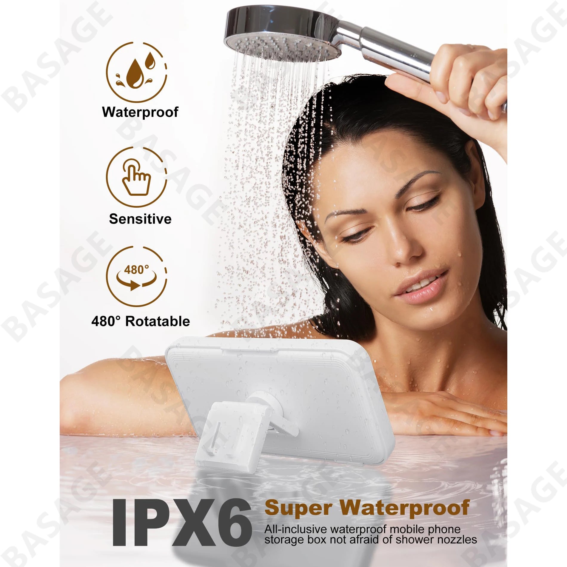 Shower Phone Holder Waterproof with Speaker Hole Screen touch Shower Phone Stand Case Mount for Bathroom Bathtub Kitchen Wall Mirror