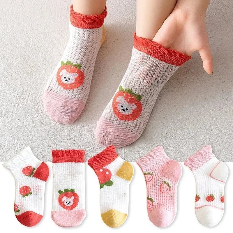 Kids Socks : 5 Pairs Cotton Girls Socks Spring, Summer Flowers Pattern