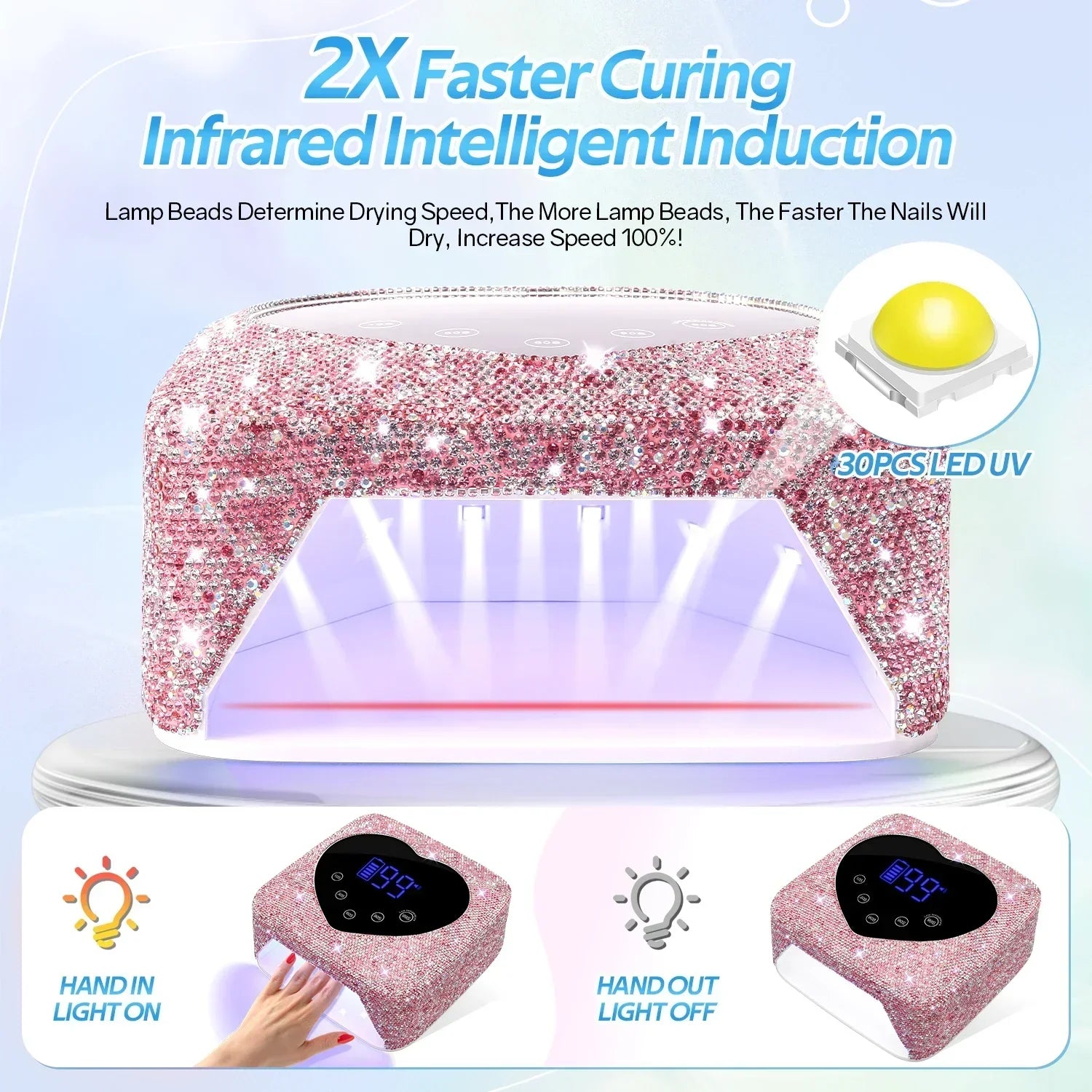 Cordless UV Rechargeable Nail Lamp 30 LEDs Nail Dryer with 5 Timer Settings UV Cabin Manicure Light for Nails Nail Art Tools