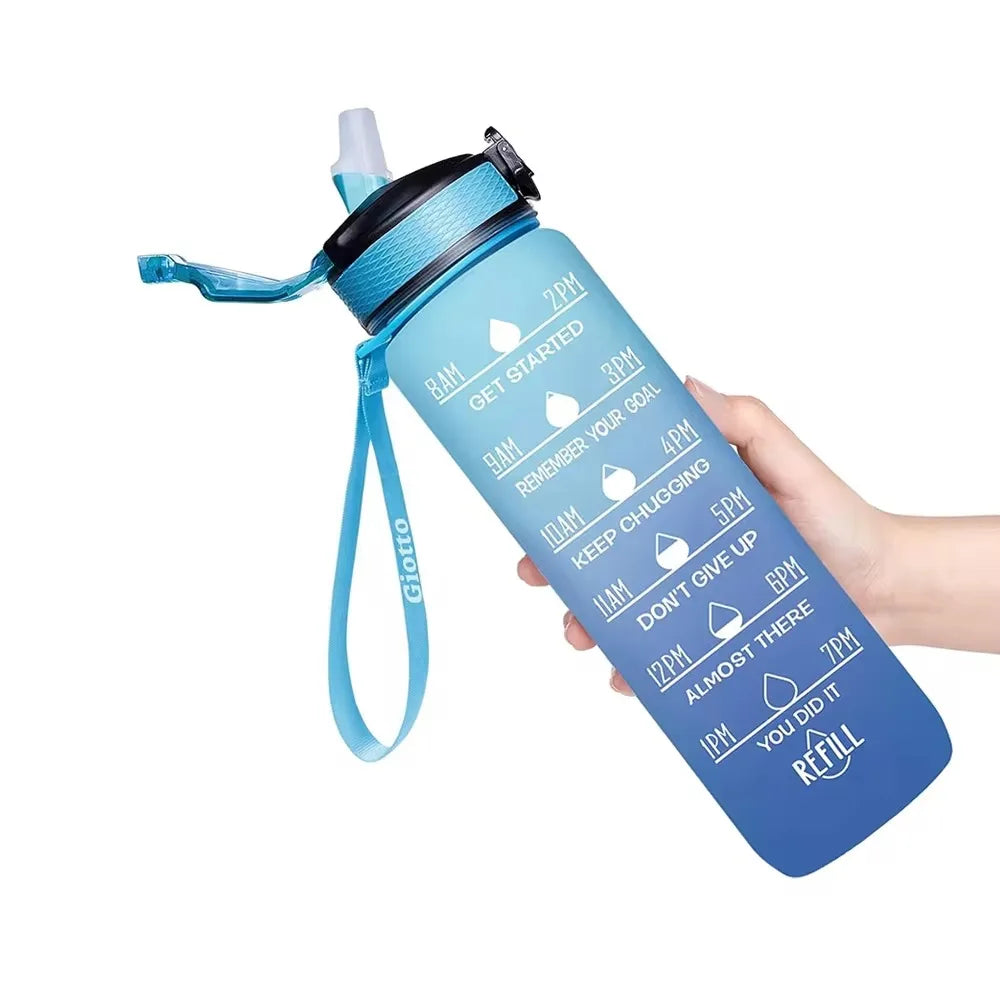 Motivational Water Bottle with Time Marker Straw for Fitness Hydration