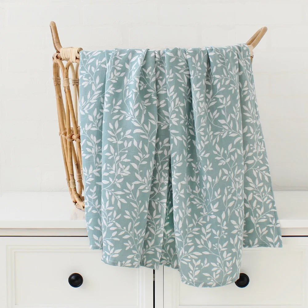 Printed Muslin Fabric Baby Blankets Wrap Eucalyptus Organic Cotton.