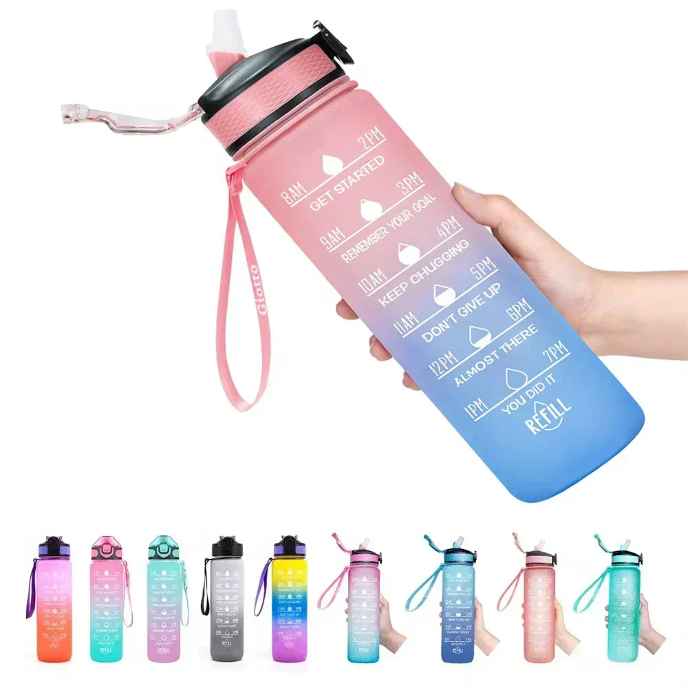 Motivational Water Bottle with Time Marker Straw for Fitness Hydration