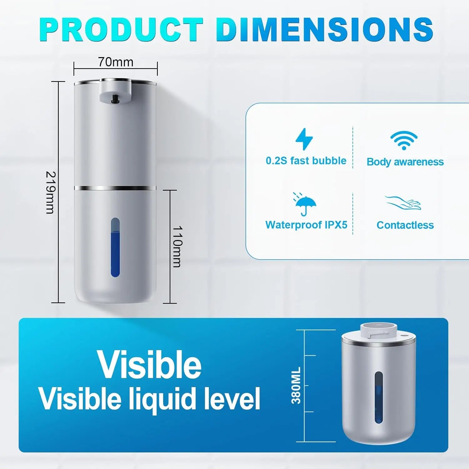 Soap dispenser for bathroom kitchen Touchless Sensor 4 Level Adjustable automatic Foam/Liquid