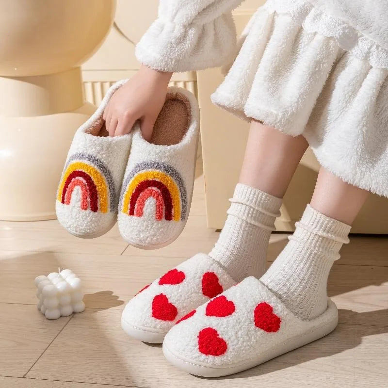 Soft plush cotton material of rainbow heart womenβs home slippers