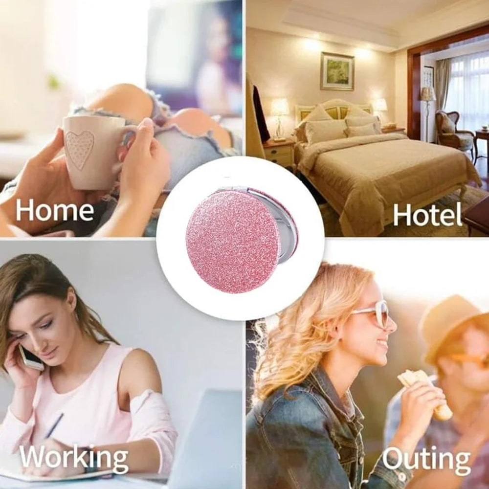 Portable Folding Shiny Double-Sided Makeup Mirror Leather Cosmetic Mirror Pocket Magnifying Hand Gold Letter Pattern Beauty Tool