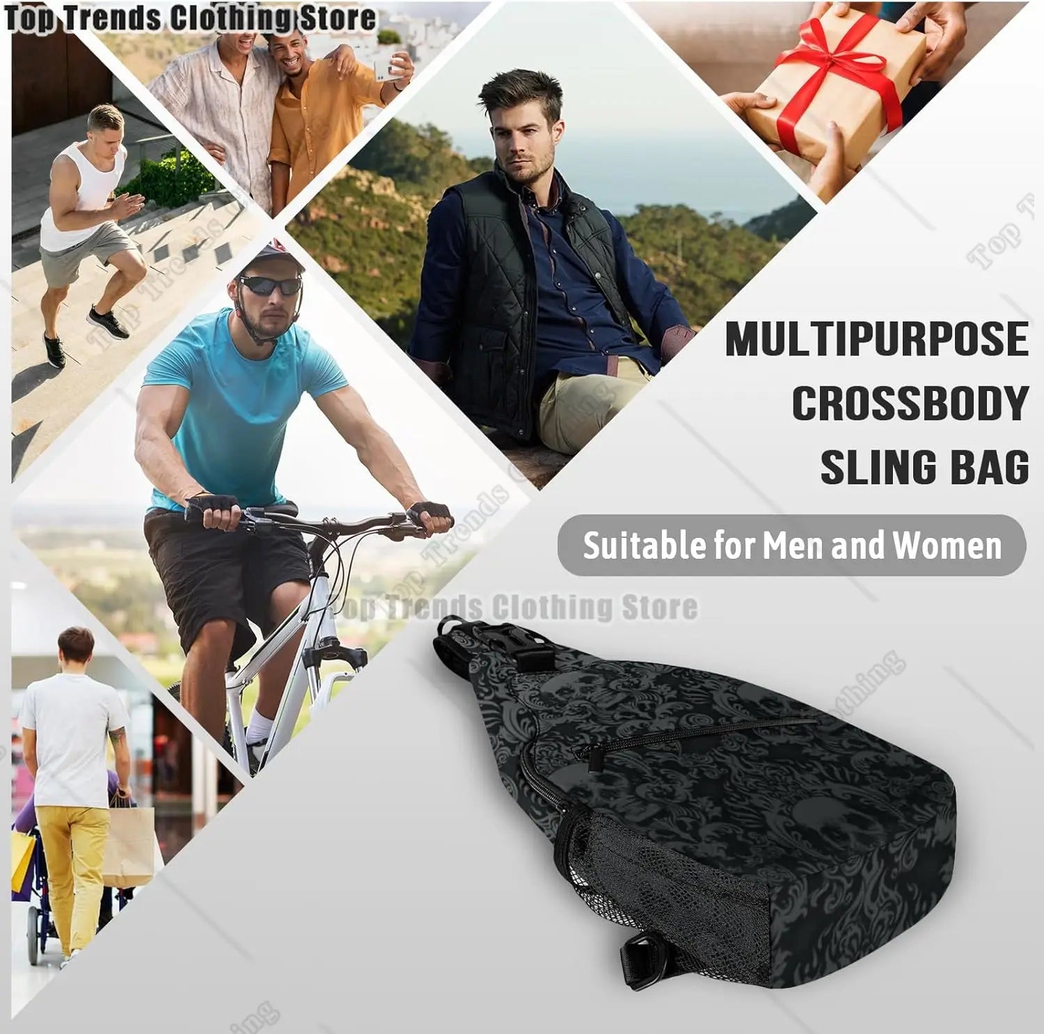 Colorful Skull Sling Backpack Trendy Sling Bag Multipurpose Crossbody Sling Travel Hiking Chest Bag Shoulder Backpack