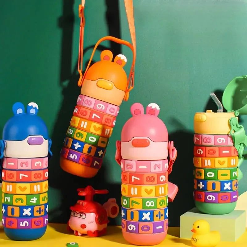 Creative Kids Thermal Bottle Digital Puzzle Insulated Water Bottle Anti-Drop Portable Cartoon Straw Cup For Kindergarten Student