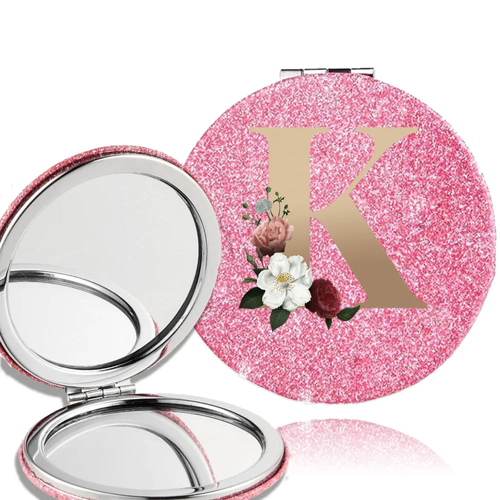 Portable Folding Shiny Double-Sided Makeup Mirror Leather Cosmetic Mirror Pocket Magnifying Hand Gold Letter Pattern Beauty Tool
