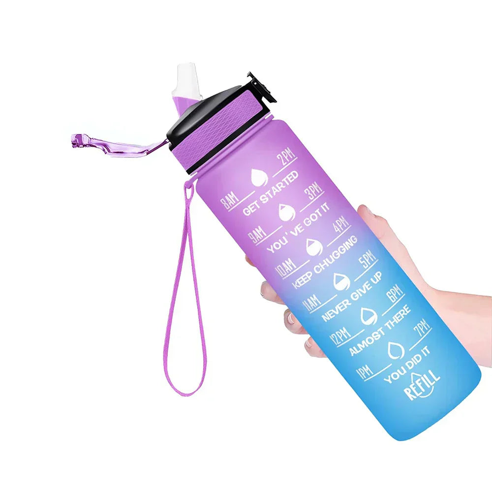 Motivational Water Bottle with Time Marker Straw for Fitness Hydration