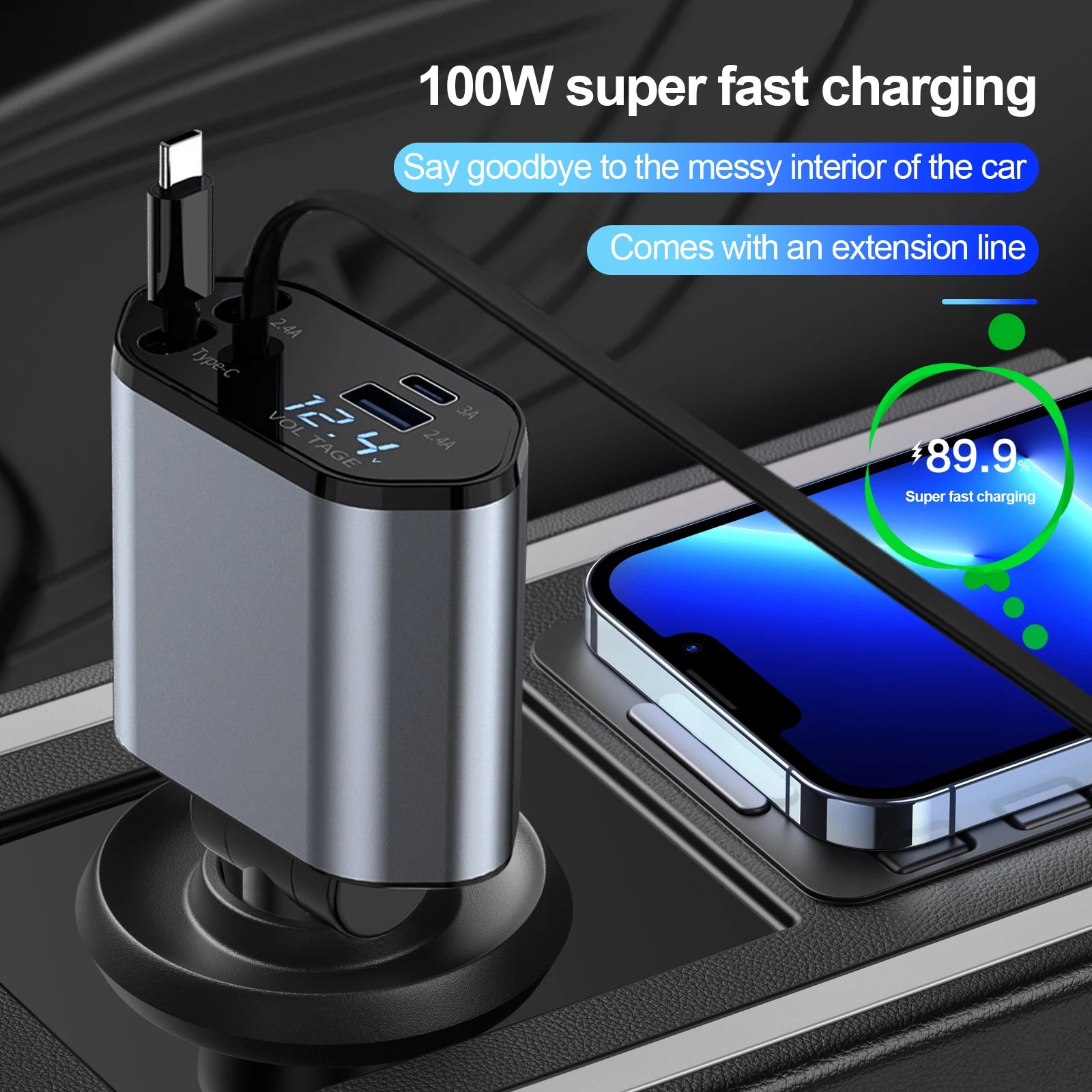 Retractable Car Charger, 100W Quick Charge with 2 USB Port, Retractable iPhone Charger & Tap-c Charger, Retractable Cable