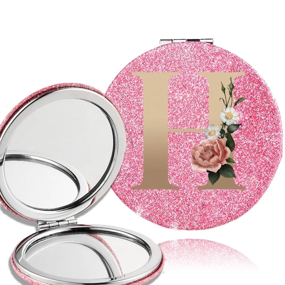 Portable Folding Shiny Double-Sided Makeup Mirror Leather Cosmetic Mirror Pocket Magnifying Hand Gold Letter Pattern Beauty Tool