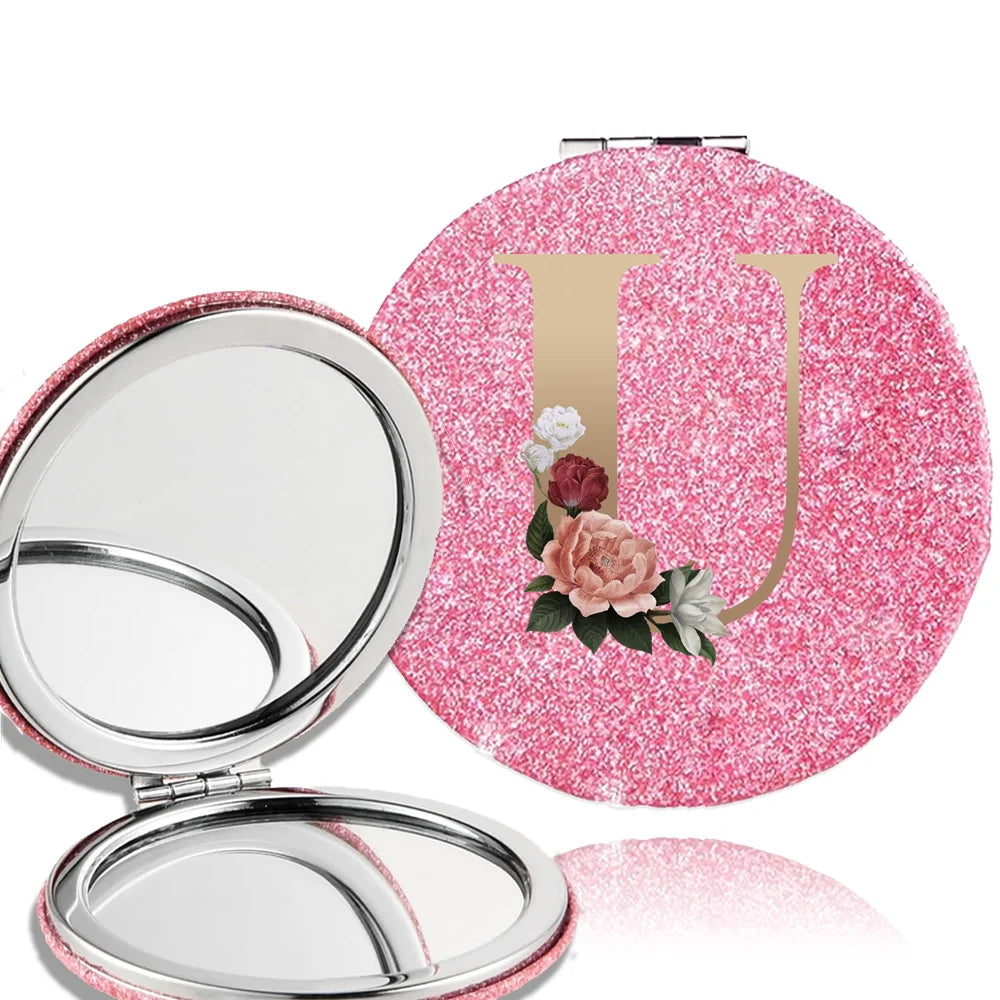 Portable Folding Shiny Double-Sided Makeup Mirror Leather Cosmetic Mirror Pocket Magnifying Hand Gold Letter Pattern Beauty Tool