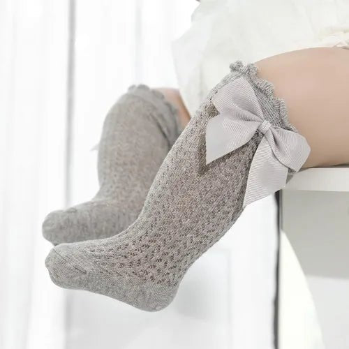 Baby Girl Bow Socks-Cotton Mesh Knee Socks for Newborns &Toddlers 0-2T