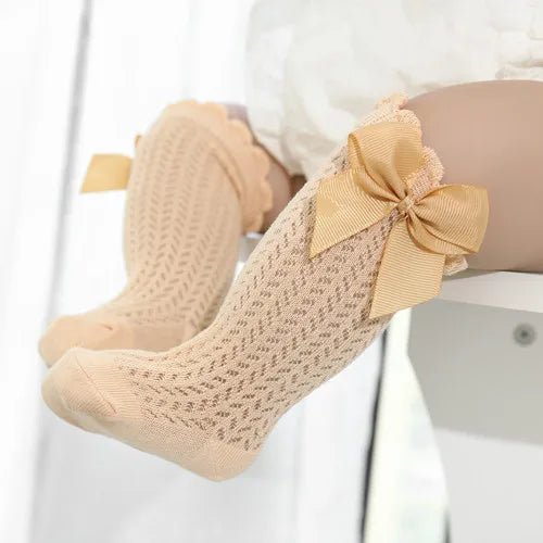 Baby Girl Bow Socks-Cotton Mesh Knee Socks for Newborns &Toddlers 0-2T