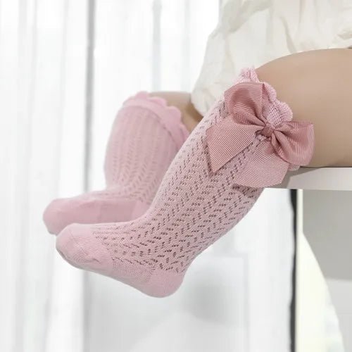 Baby Girl Bow Socks-Cotton Mesh Knee Socks for Newborns &Toddlers 0-2T