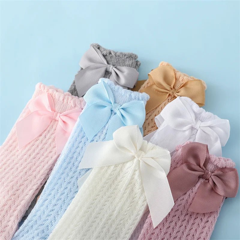 Baby Girl Bow Socks-Cotton Mesh Knee Socks for Newborns &Toddlers 0-2T