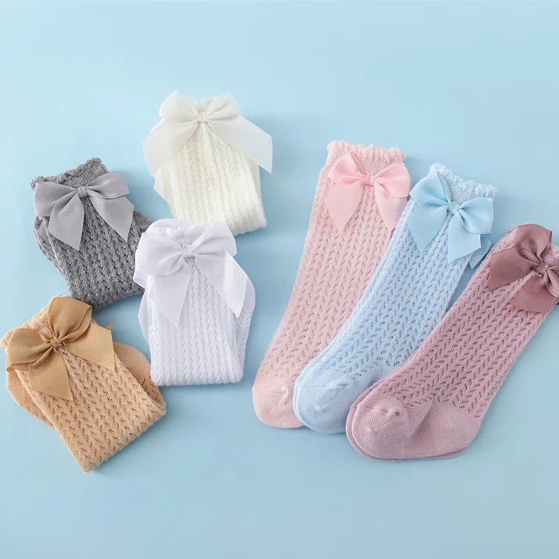 Baby Girl Bow Socks-Cotton Mesh Knee Socks for Newborns &Toddlers 0-2T