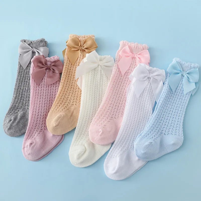 Baby Girl Bow Socks-Cotton Mesh Knee Socks for Newborns &Toddlers 0-2T