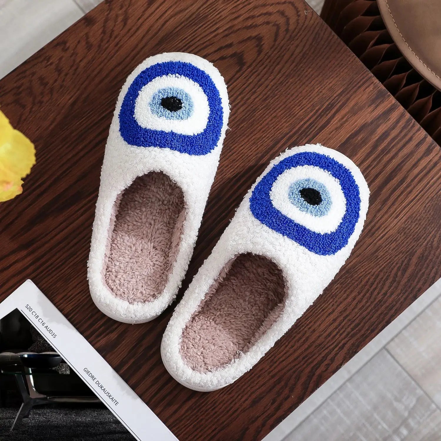 Evil Eye Pattern Devil's Eye Embroidered Plush Home Thick-Soled Plush Cotton Slippers Non-Slip Slippers Preferred for Gifts