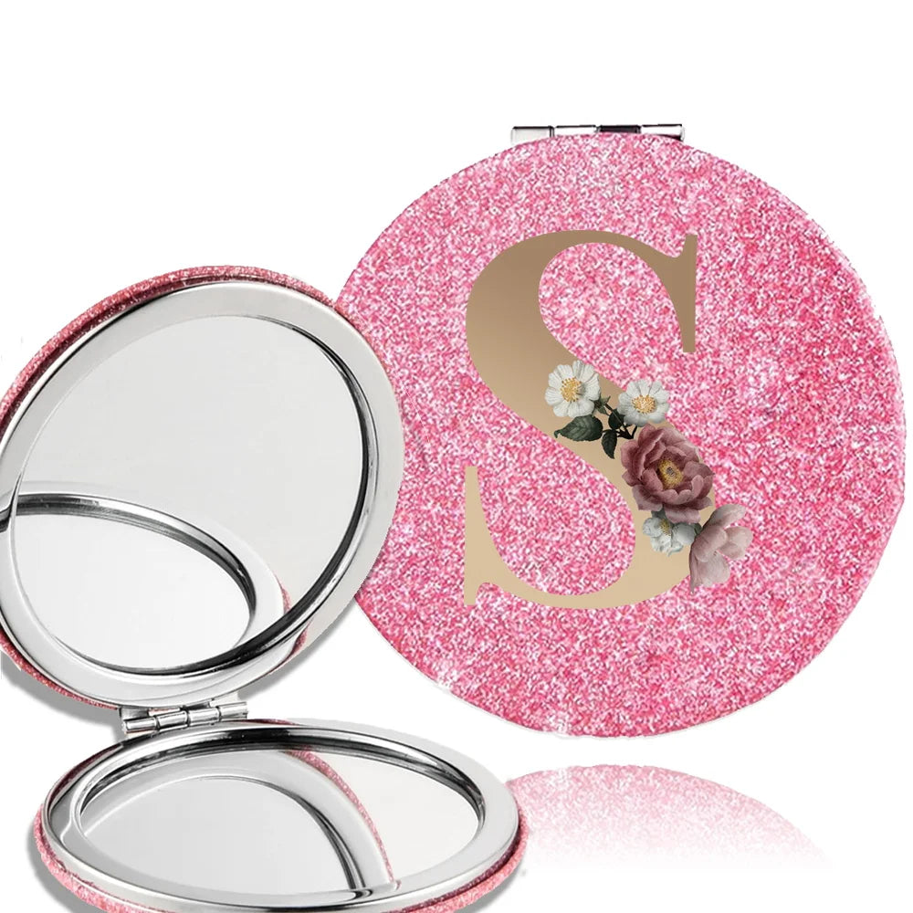 Portable Folding Shiny Double-Sided Makeup Mirror Leather Cosmetic Mirror Pocket Magnifying Hand Gold Letter Pattern Beauty Tool