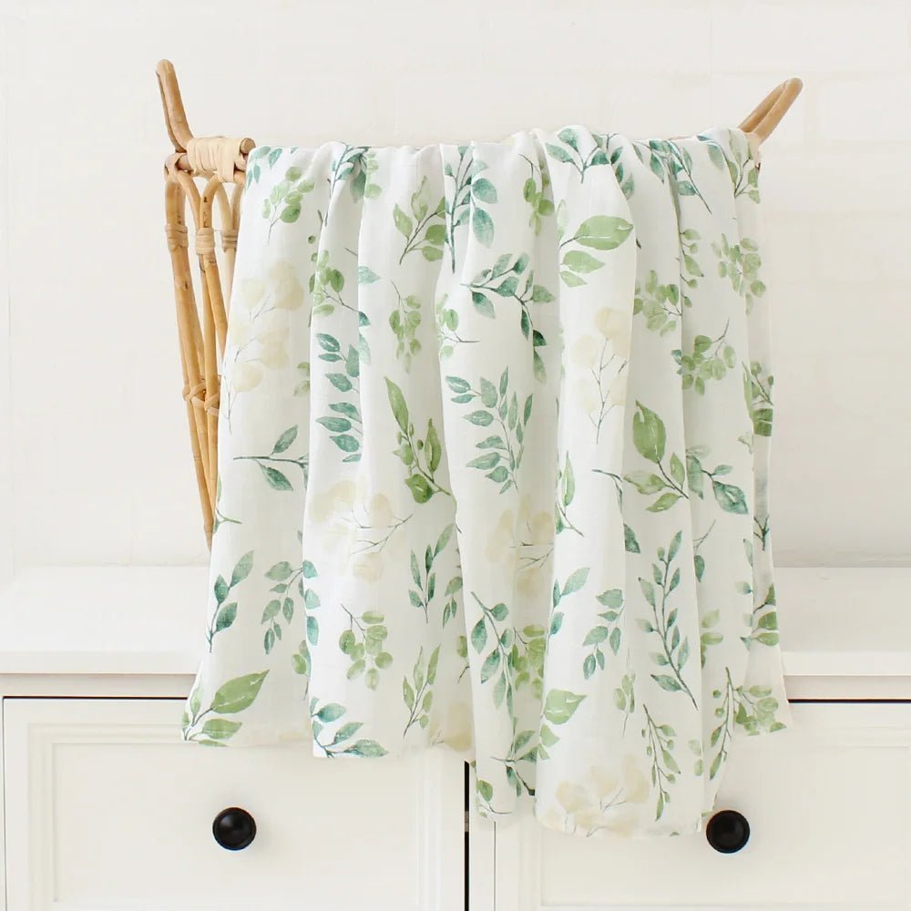 Printed Muslin Fabric Baby Blankets Wrap Eucalyptus Organic Cotton.