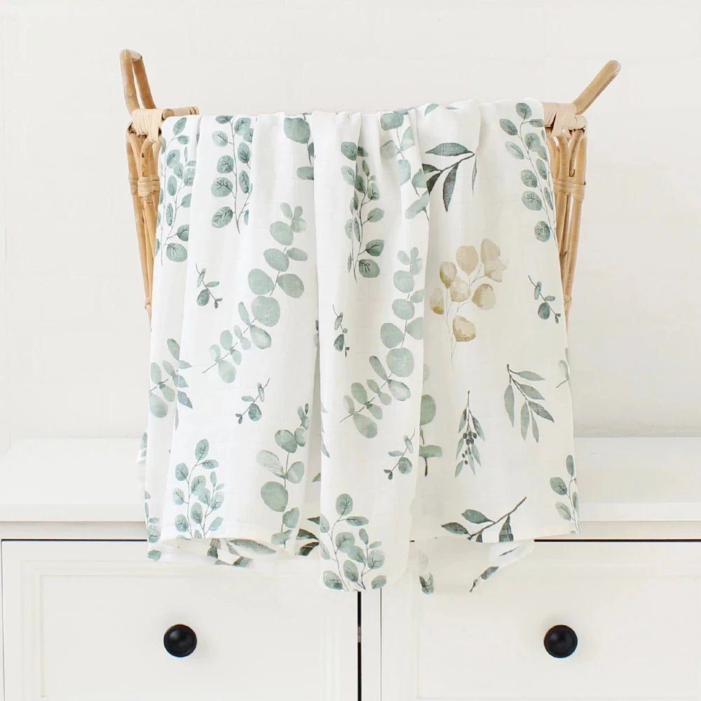 Printed Muslin Fabric Baby Blankets Wrap Eucalyptus Organic Cotton.