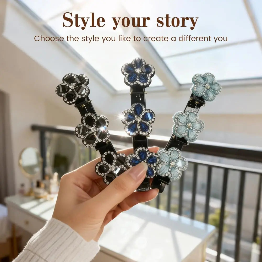 2PCS Women's Sparkling Crystal Flower Hair Clip Rhinestone Braided Hairpin Side Bangs Clip Hair Bands Shiny Elegant Hair Clip