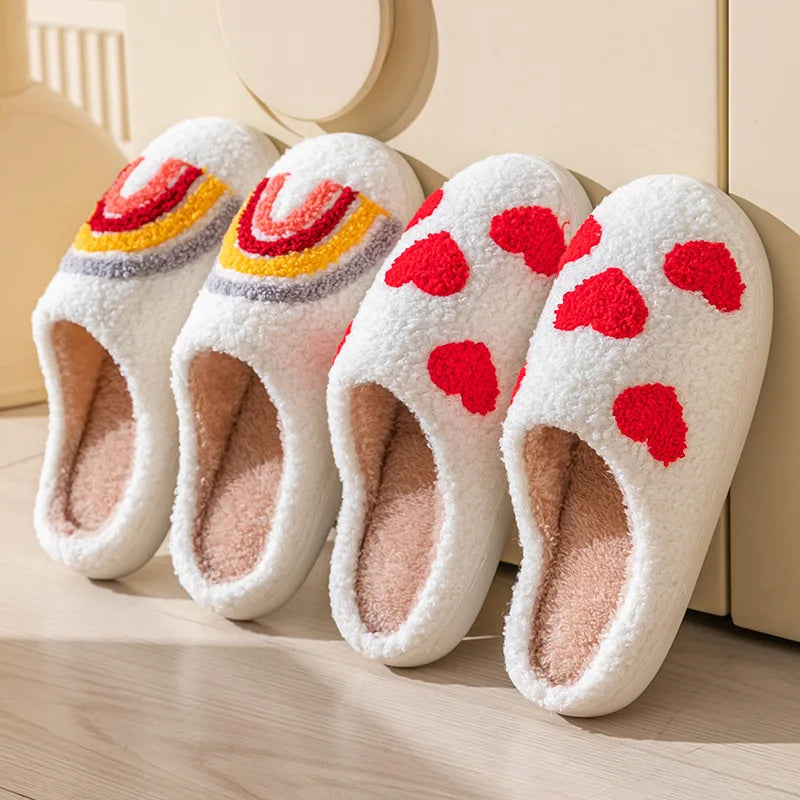 Women’s Rainbow Plush Cotton Slippers with Heart and Floral Design – Cozy Indoor Slides