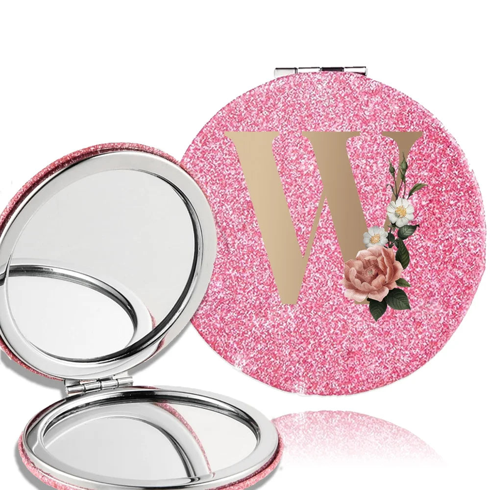 Portable Folding Shiny Double-Sided Makeup Mirror Leather Cosmetic Mirror Pocket Magnifying Hand Gold Letter Pattern Beauty Tool