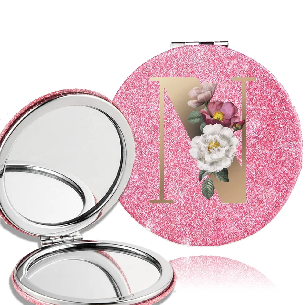 Portable Folding Shiny Double-Sided Makeup Mirror Leather Cosmetic Mirror Pocket Magnifying Hand Gold Letter Pattern Beauty Tool