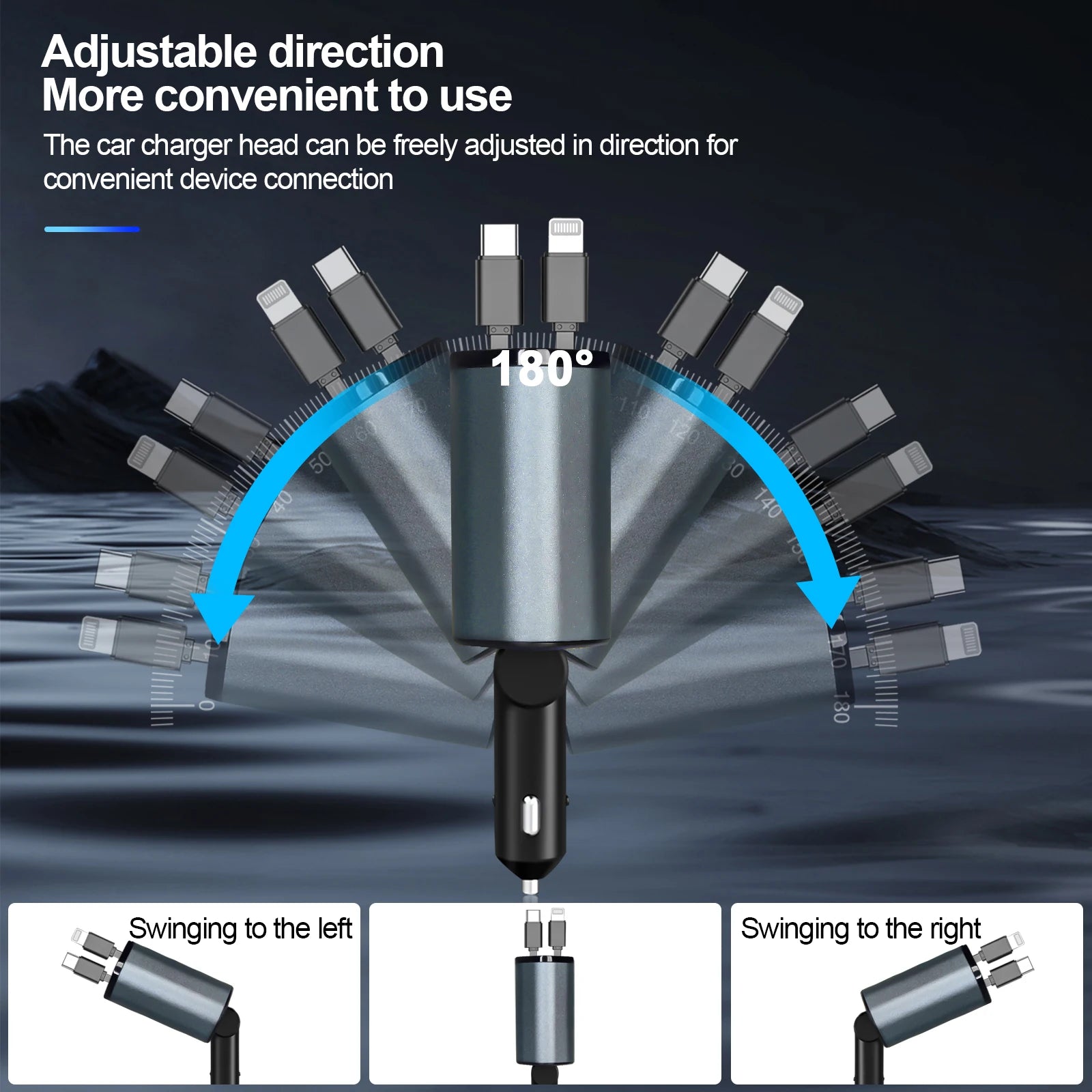 Retractable Car Charger, 100W Quick Charge with 2 USB Port, Retractable iPhone Charger & Tap-c Charger, Retractable Cable