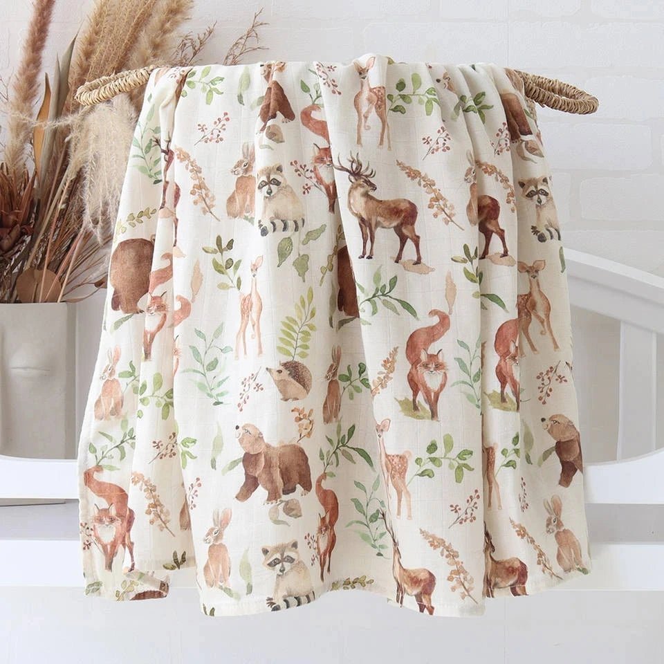 Printed Muslin Fabric Baby Blankets Wrap Eucalyptus Organic Cotton.