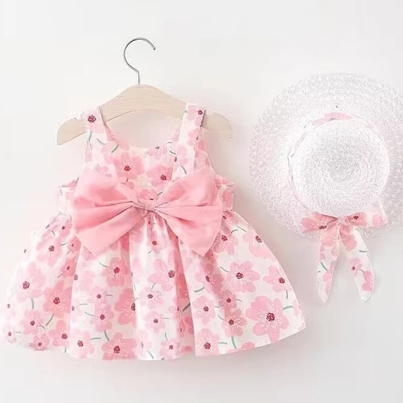 Baby Girl Dresses -Sweet Summer Floral Bow Toddler Beach Dress and Hat