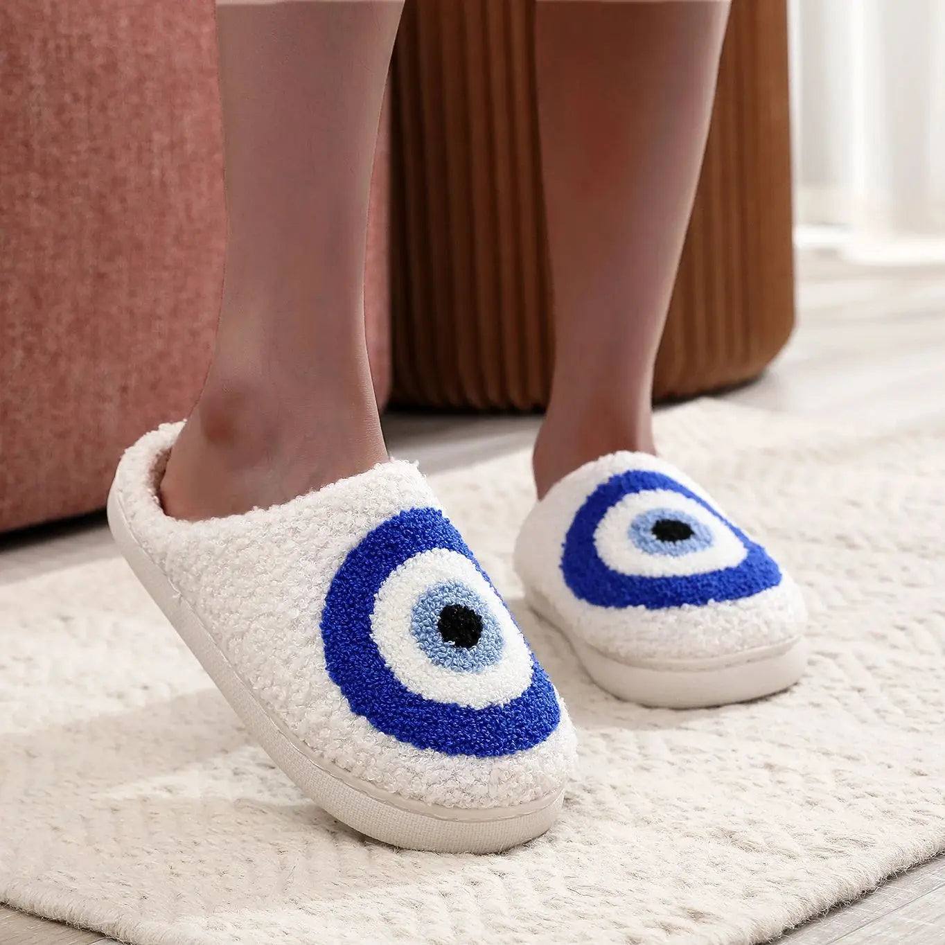 Evil Eye Pattern Devil's Eye Embroidered Plush Home Thick-Soled Plush Cotton Slippers Non-Slip Slippers Preferred for Gifts