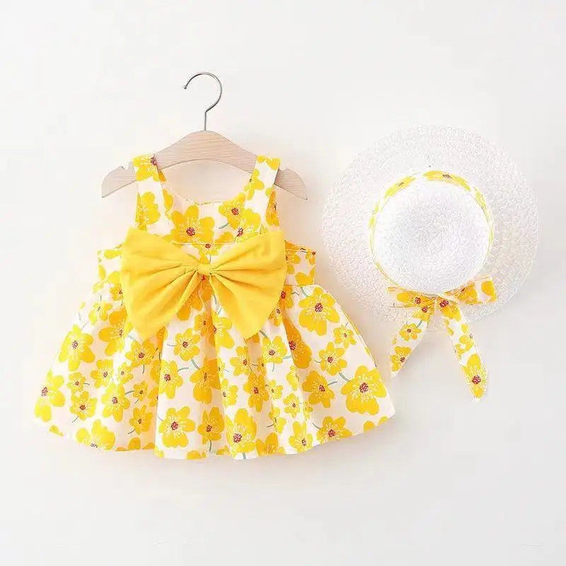 Baby Girl Dresses -Sweet Summer Floral Bow Toddler Beach Dress and Hat