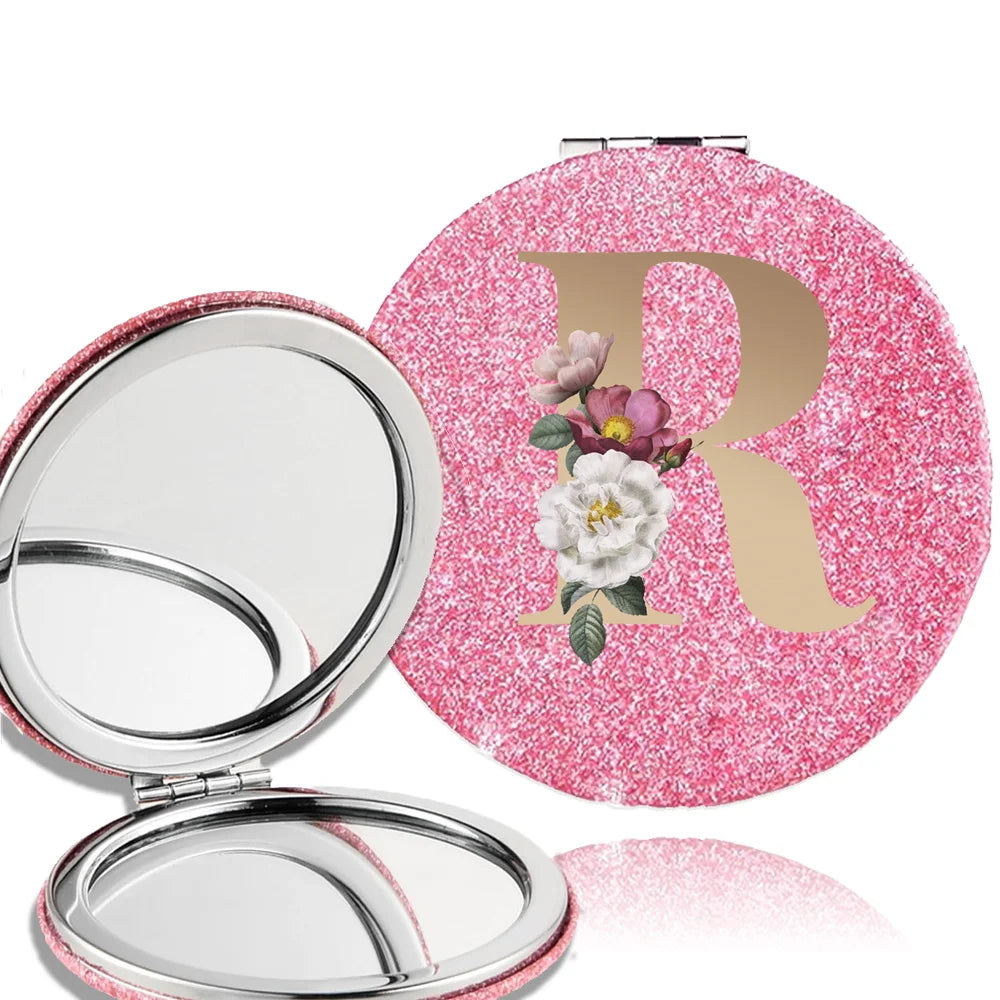Portable Folding Shiny Double-Sided Makeup Mirror Leather Cosmetic Mirror Pocket Magnifying Hand Gold Letter Pattern Beauty Tool