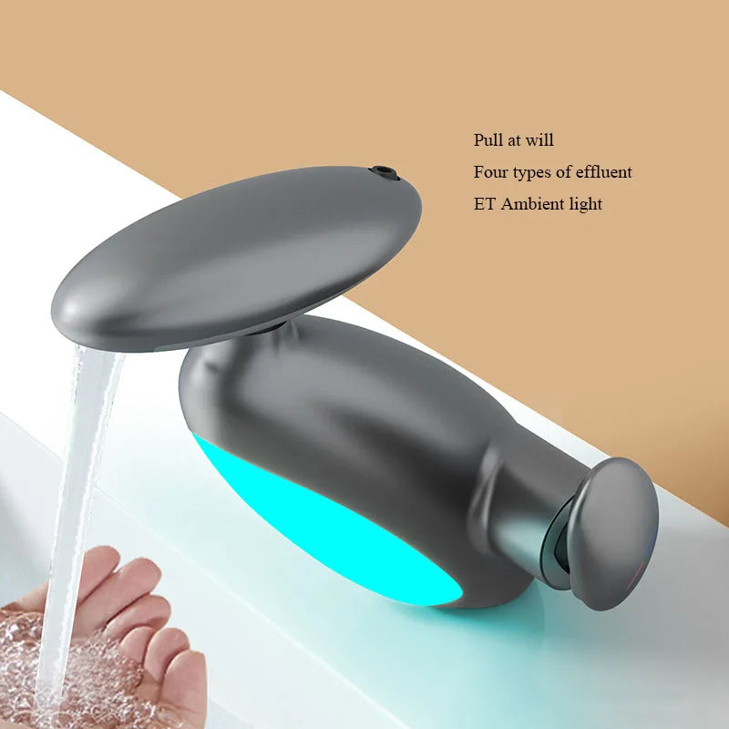 LED Waterfall Bathroom Faucet with Pull Out Sprayer, 4 Water Modes Faucet for Bathroom Sink Vanity RV, 360° Swivel Spout 1 Hole Single Handle Brass Tap