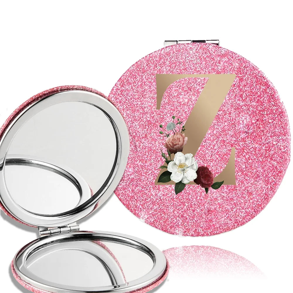 Portable Folding Shiny Double-Sided Makeup Mirror Leather Cosmetic Mirror Pocket Magnifying Hand Gold Letter Pattern Beauty Tool