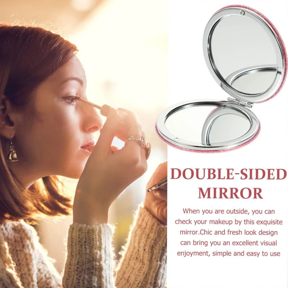 Portable Folding Shiny Double-Sided Makeup Mirror Leather Cosmetic Mirror Pocket Magnifying Hand Gold Letter Pattern Beauty Tool