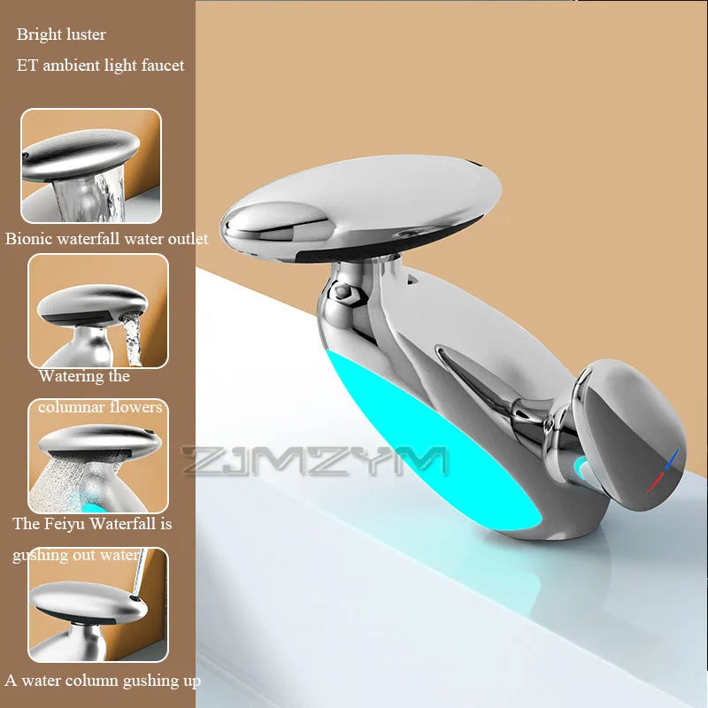 LED Waterfall Bathroom Faucet with Pull Out Sprayer, 4 Water Modes Faucet for Bathroom Sink Vanity RV, 360° Swivel Spout 1 Hole Single Handle Brass Tap