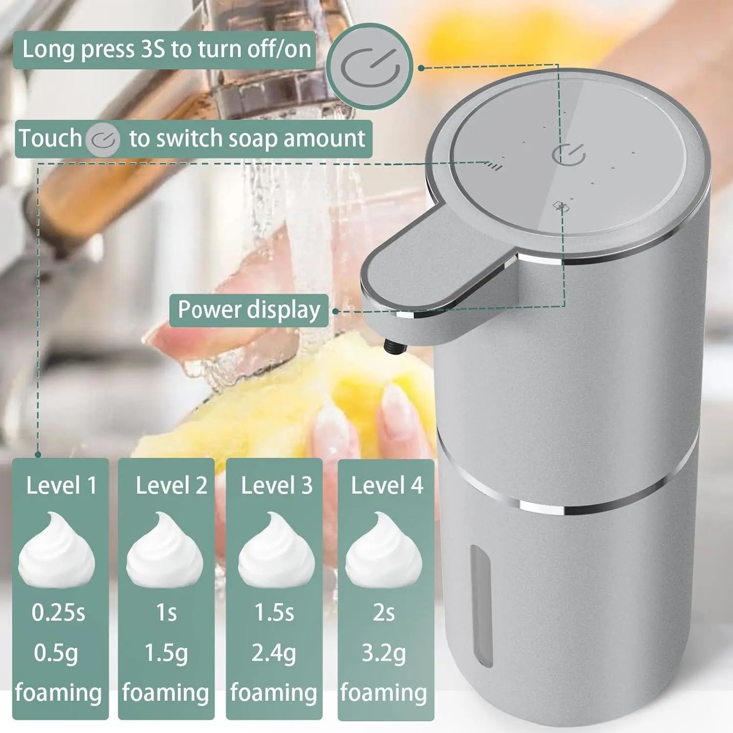 Soap dispenser for bathroom kitchen Touchless Sensor 4 Level Adjustable automatic Foam/Liquid