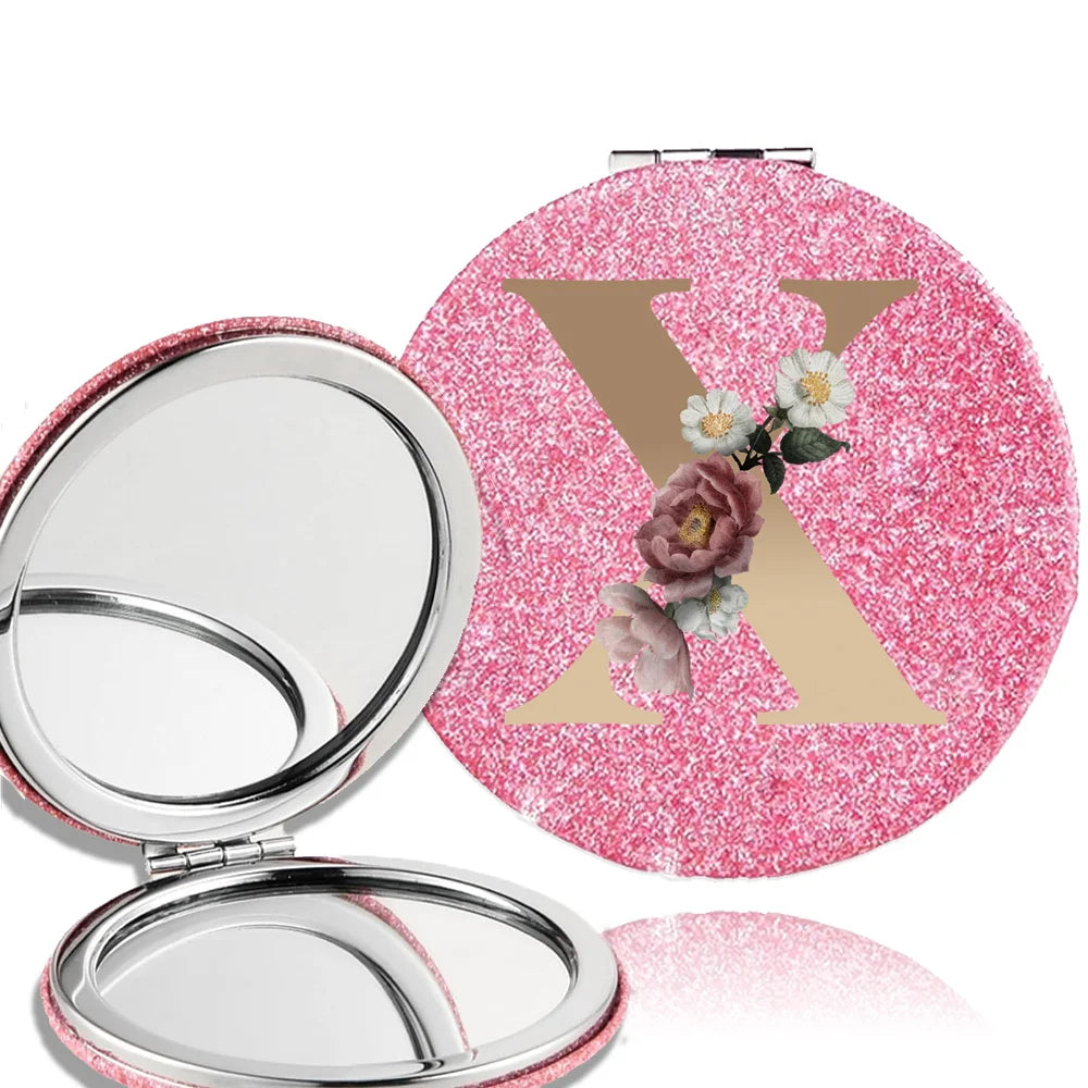 Portable Folding Shiny Double-Sided Makeup Mirror Leather Cosmetic Mirror Pocket Magnifying Hand Gold Letter Pattern Beauty Tool