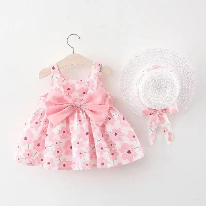 Baby Girl Dresses -Sweet Summer Floral Bow Toddler Beach Dress and Hat