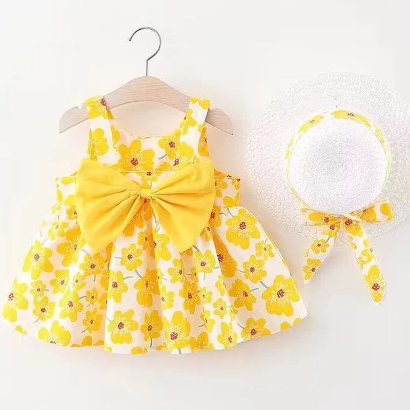 Baby Girl Dresses -Sweet Summer Floral Bow Toddler Beach Dress and Hat