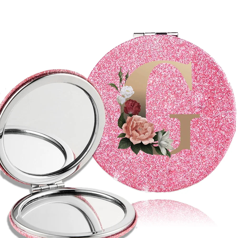 Portable Folding Shiny Double-Sided Makeup Mirror Leather Cosmetic Mirror Pocket Magnifying Hand Gold Letter Pattern Beauty Tool